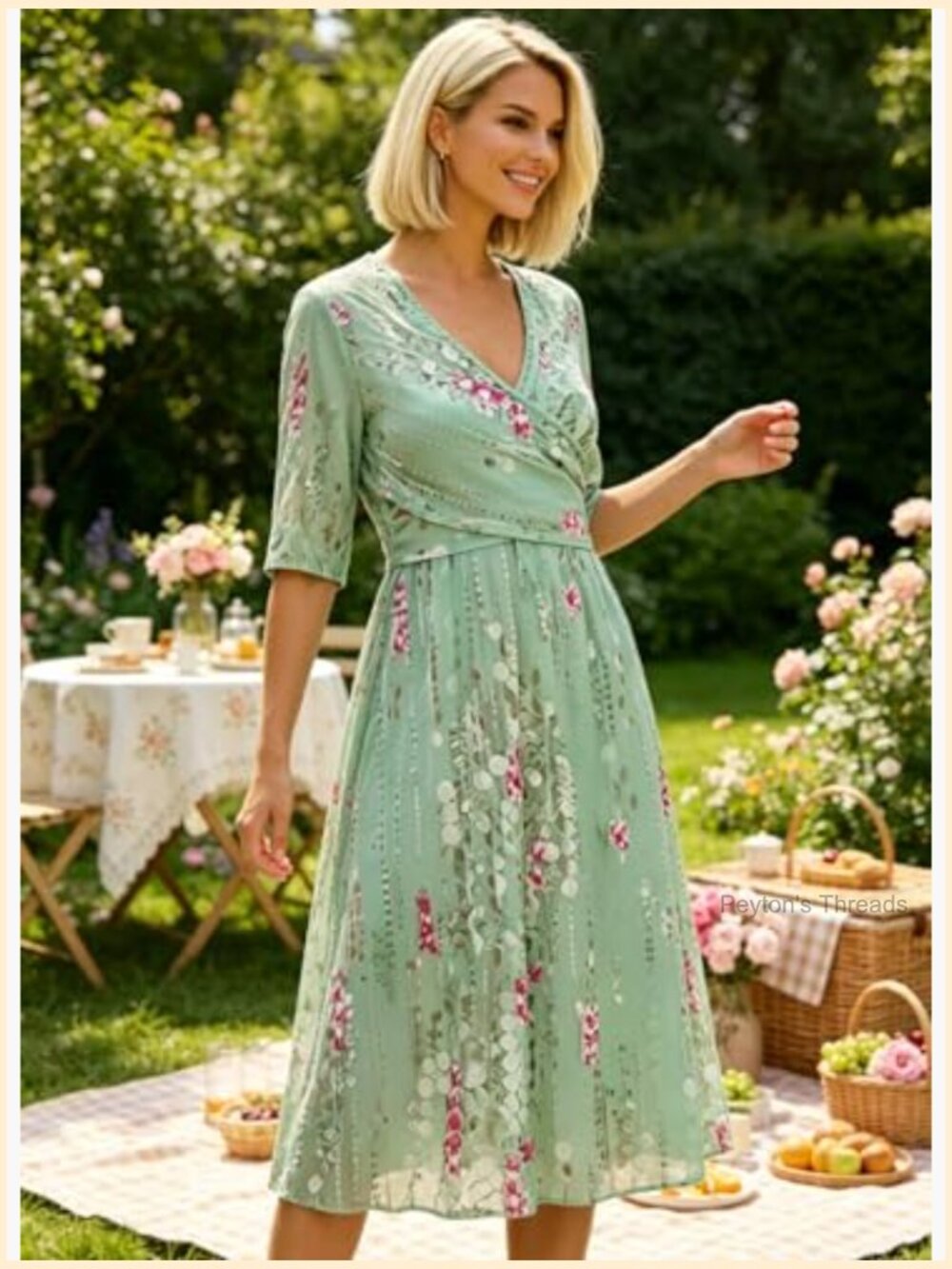 Pleated 3/4 Sleeve Midi Dress with Side Pockets - Picture 4 of 7